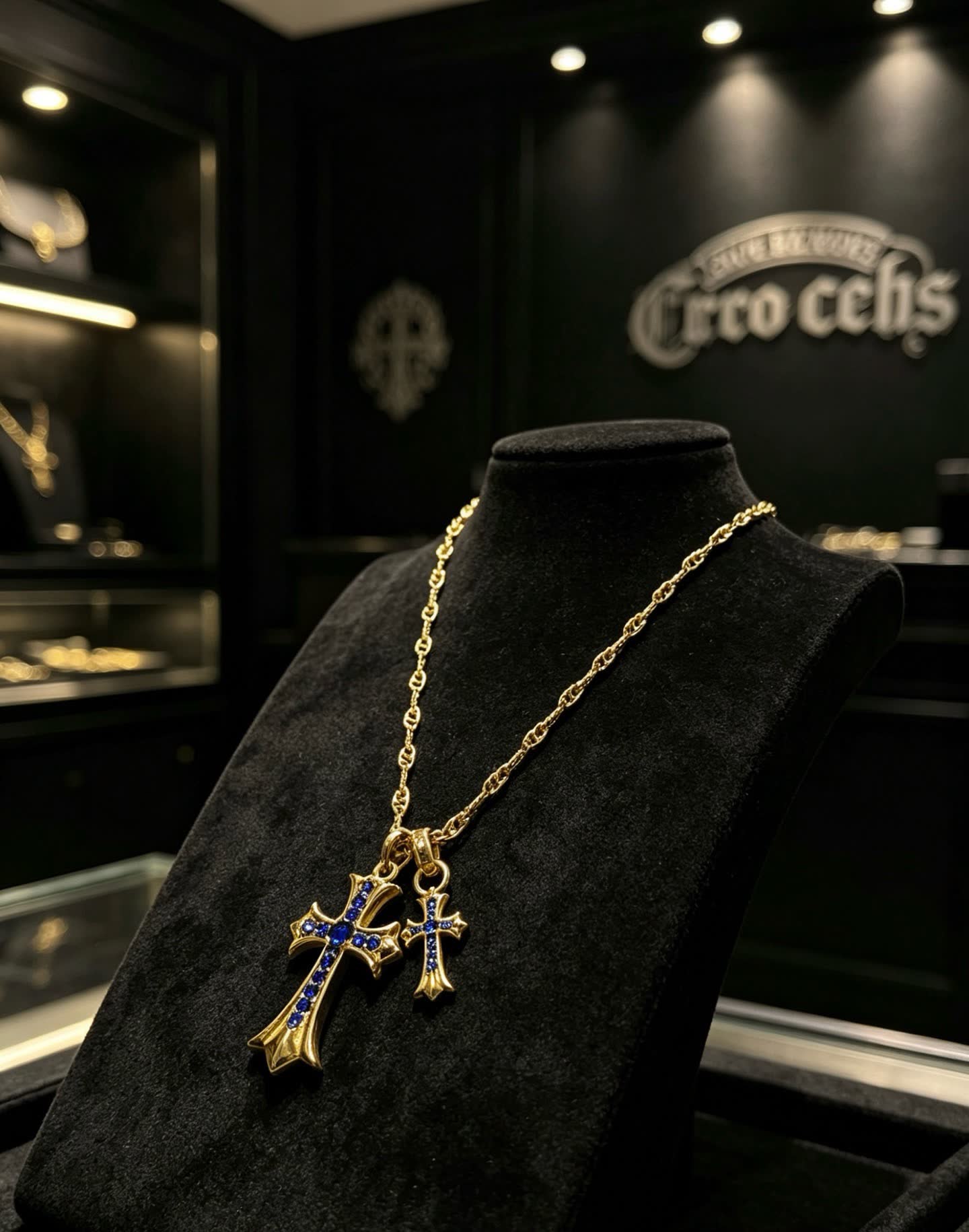 Chrome Hearts Gold Cross Pendant Necklace with Blue Stones